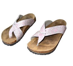 Birki's Birkenstock Cancun Floral Cork Footbed Thong Sandals Pink Silver 37 US6